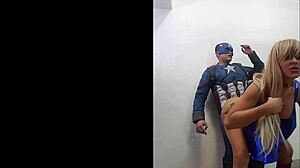 Savana Styles kneels in cosplay sucking captain america before hardcore milf fuck