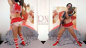Schoolgirl in sexy uniform dances teasingly, stripping panties for huge iguana toy double play with regina