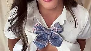 japanese shemale schoolgirl bitch plays with dildo in solo masturbation?