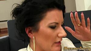 Piss soaked slut in heels stockings gets hardcore gangbang pounded!