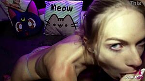 skinny german teen vivi chokes on sloppy pov cock then gulps cum