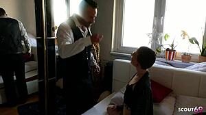 Bald short hair glasses German girlfriend Lia Louise seduces for rough doggystyle facial cumshot