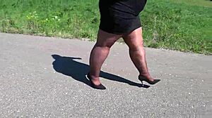 mature bbw struts in nylons high heels public road foot fetish big booty asmr