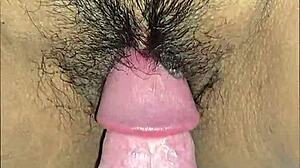 Panties aside for wet latina milf's hairy pussy creampie closeup explosion