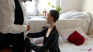 Bald short hair glasses German girlfriend Lia Louise seduces for rough doggystyle facial cumshot