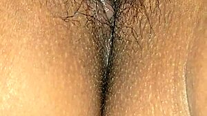 Panties aside for wet latina milf's hairy pussy creampie closeup explosion