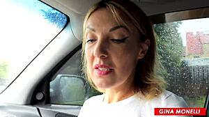 fit russian milf sucks stranger's cock in car for risky public pov cum in mouth blowjob