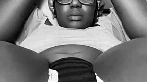 Skinny black boss fetish babe masturbates hairy pussy in bedroom panties