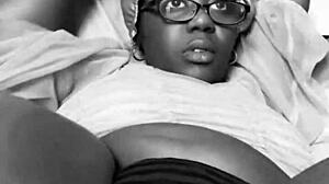 Skinny black boss fetish babe masturbates hairy pussy in bedroom panties