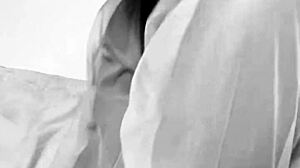 Skinny black boss fetish babe masturbates hairy pussy in bedroom panties