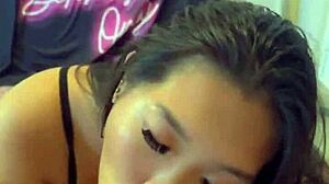 asian babe chokes on sloppy throat fuck then missionary doggystyle creampie