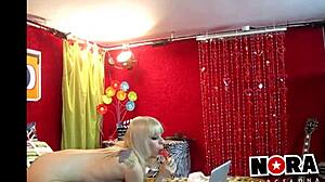 nora barcelona stuffs dildo in her tight teen pussy