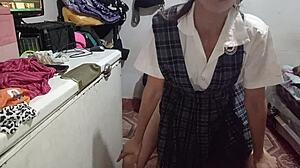 My schoolgirl sneaks in n' ends lesson with hot blowjob!!