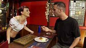 Paige Fox jumps counter for customer's big cock pounding