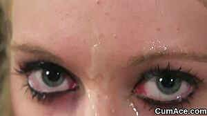 naughty babe kneels for bukkake blowbang swallowing jizz loads pov cum swap facial