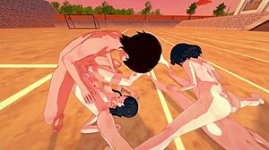 ryuko matoi and satsuki kiryuin bent over anal doggystyle big tits hentai foursome