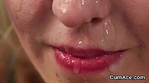 naughty babe kneels for bukkake blowbang swallowing jizz loads pov cum swap facial