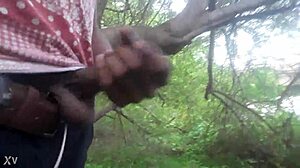 Guy jerks massive load cumshot deep in outdoor trees for voyeur thrill