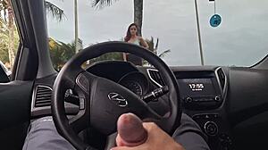Beautiful British girl risks public car masturbation on beach sidewalk