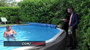 big tits blonde babe bends poolside for anal doggy lick handjob natural boobs trim pussy