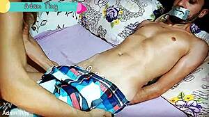 Hot! Cheating wife ties husband's best friend and jerks his small cock!