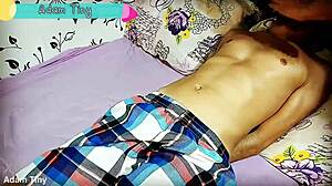 Hot! Cheating wife ties husband's best friend and jerks his small cock!