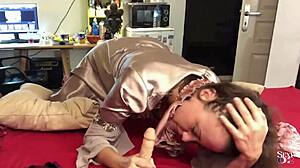 french slut in satin corset panties rims ass deepthroats then doggystyle fuck