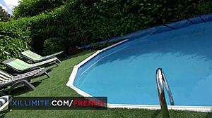 big tits blonde babe bends poolside for anal doggy lick handjob natural boobs trim pussy