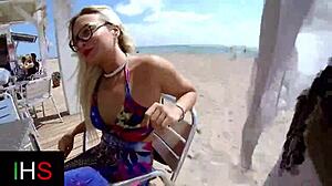 blonde milf with glasses bends over for deep anal pounding outdoors