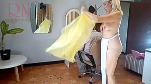 Nudist Curvy Brunette Maid Teases Shaved Pussy In Barber Apron