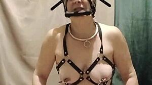 french slave straps into harness for bound submission session