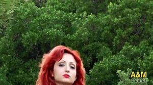 Mysterious Redhead Justine Exposes Small Tits