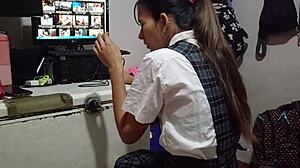 My schoolgirl sneaks in n' ends lesson with hot blowjob!!