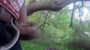 Guy jerks massive load cumshot deep in outdoor trees for voyeur thrill
