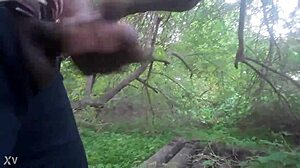Guy jerks massive load cumshot deep in outdoor trees for voyeur thrill