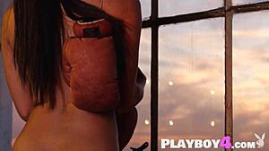 beautiful petite milf in lingerie strips outdoors showing perfect bubble butt and small tits.