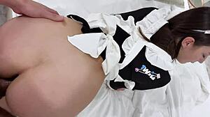 Big ass cleaning lady bent over hotel bed for raw creampie pussy pounding!