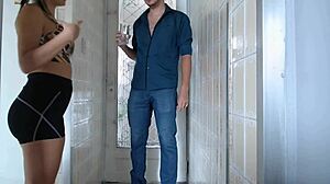 Homemade Brunette Latina Wife Heyya Sucks Delivery Guys with Sexy Blowjob and Water