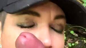 Milf bends over big ass fucked doggystyle deep in woods orgasm