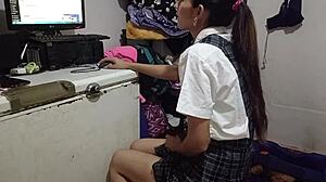 My schoolgirl sneaks in n' ends lesson with hot blowjob!!