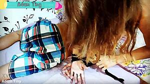 Hot! Cheating wife ties husband's best friend and jerks his small cock!