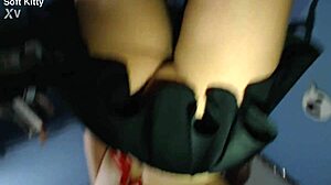 a sneaky upskirt glimpse reveals her shaved brunette babe secrets under the skirt