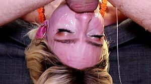 Tiny Blonde Teen Gags on Huge Cock in Sloppy Deepthroat Facefuck Before POV Facial Cumshot
