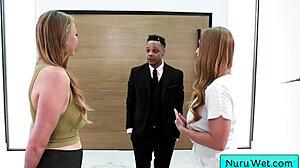 Hey watch these busty masseuses Skylar Snow and Jasmine Daze rub wet nuru all over