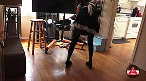 french maid in stockings vacuums skirt upskirt tease