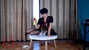 Nice Lady Slowly Strips In Pantyhose And Heels At Round Table