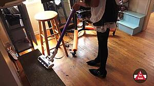 french maid in stockings vacuums skirt upskirt tease