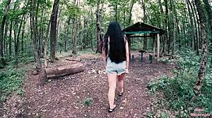 Brunette girlfriend kneels in forest for sloppy deepthroat blowjob on huge cock then swallows cum mouthful.