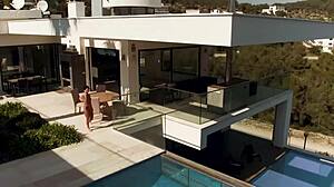 Lina Luxa rides random guy's cock doggystyle while fingering her small tits in lingerie voyeur view.