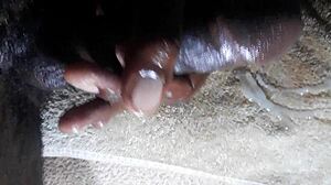 Ever seen huge cum explode from Kenya's big black dick handjob closeup?